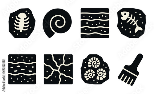 Geology silhouette icon set. featuring fossil, ammonite, strata, sediment, fish skeleton, and brush symbols.