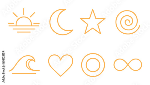 Neon glow icon set. featuring sunrise, moon, star, circle, wave, heart, ring, infinity symbols.