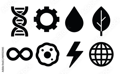 Science and nature silhouette icon set. featuring dna, gear, water, leaf, infinity, cell, lightning, globe.