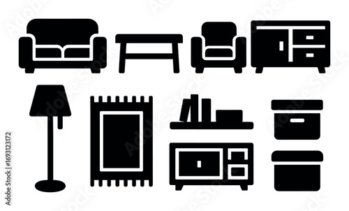 Furniture silhouette icon set. featuring sofa, table, armchair, cabinet, lamp, rug, bookshelf, and storage box.