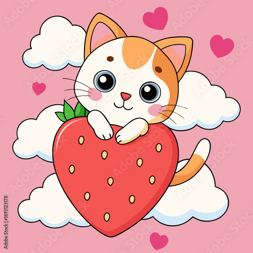 Kitten Hugging Strawberry: Cute Cartoon Illustration.

