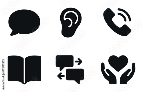 Communication and care silhouette icon set. featuring chat, ear, phone, book, conversation, and heart symbols.