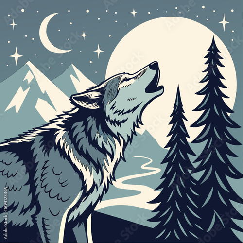 Howling Wolf Under Moonlight Vector Illustration.

