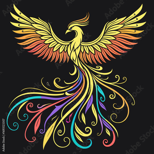 Phoenix Illustration for Stock, Stylized Bird with Rainbow Tail.

