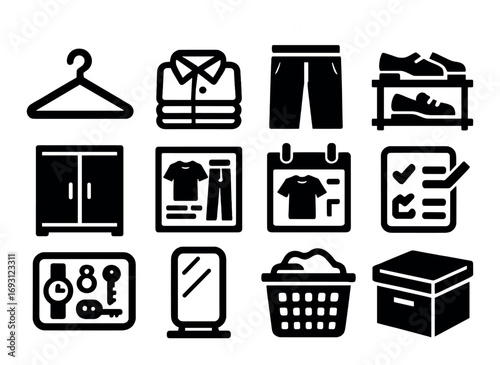 Wardrobe organization silhouette icons set. featuring hanger, shirt, shorts, shoes, wardrobe, planner, key, mirror, laundry, and box.