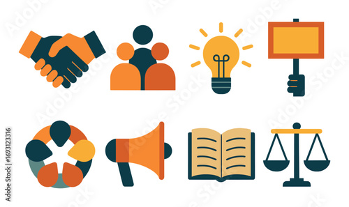 Business communication flat icon set. featuring handshake, team, light bulb, sign, partnership, and scales.