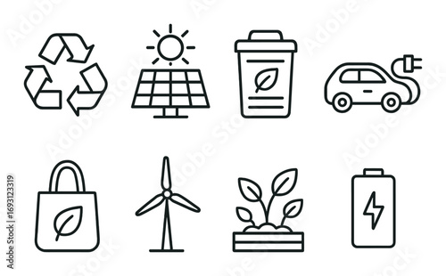 Eco-friendly linear icon set. featuring recycling, solar panel, reusable cup, electric car, tote, wind turbine, plant, battery.