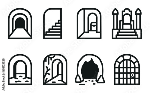 Fantasy doorways linear icon set. featuring cave, tomb, throne, staircase, and archway symbols.
