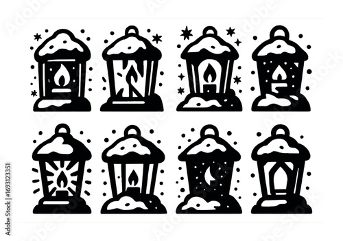 Winter lantern silhouette icon set. featuring candle, flame, snow, stars, moon, and festive lantern designs.