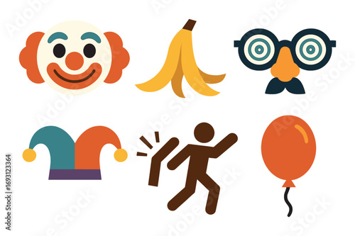 Circus and prank flat icon set. featuring clown, banana peel, disguise, jester hat, mime, balloon.