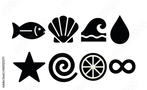 Marine life silhouette icon set. featuring fish, shell, wave, drop, star, spiral, lemon slice, infinity symbols.