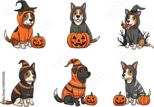 Cute Halloween dogs in hoodies, festive pet characters with pumpkin designs, spooky costume vector illustration, adorable animal artwork for seasonal holiday celebration and decoration
