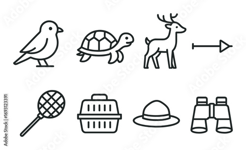 Wildlife exploration linear icon set. featuring bird, turtle, deer, compass, net, cage, hat, binoculars.