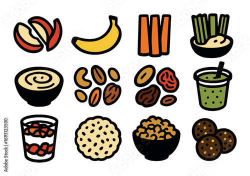 Food flat icon set. featuring apple slices, banana, carrot sticks, noodles, yogurt, nuts, dried fruit, juice, snack mix, rice cake, popcorn, and cookies.