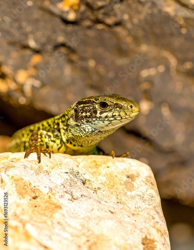 Close-up of a lizard on a light-tan rock