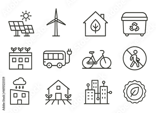 Eco-friendly transportation and energy linear icon set. featuring solar panels, wind turbine, recycling, eco bus, and bicycle symbols.