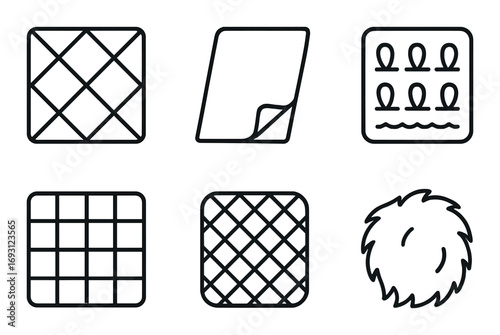 Quilt patterns silhouette icon set. featuring checkered, folded fabric, grid, patchwork, sewing, and applique symbols.