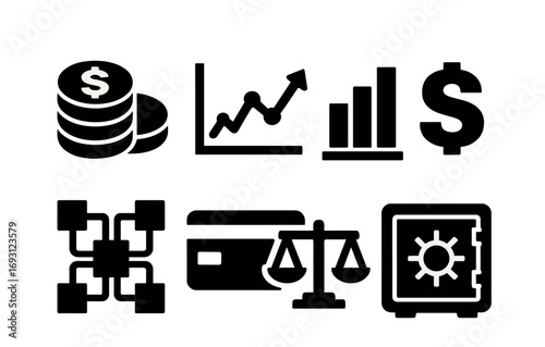 Finance silhouette icon set. featuring money, chart, growth, dollar, blockchain, credit, balance, safe.