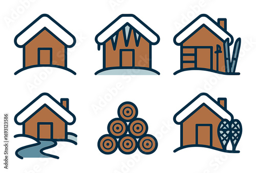Winter cabin linear icon set. featuring winter, snow, icicles, skis, snowshoes, firewood, and cozy cabins..