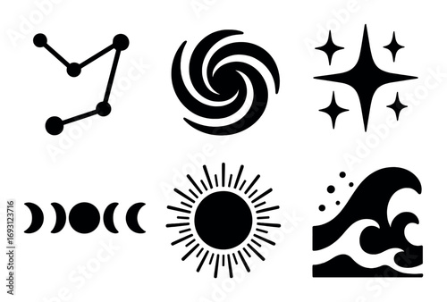 Celestial nature silhouette icon set. featuring constellation, galaxy, sparkle, moon phases, sunburst, and wave symbols.