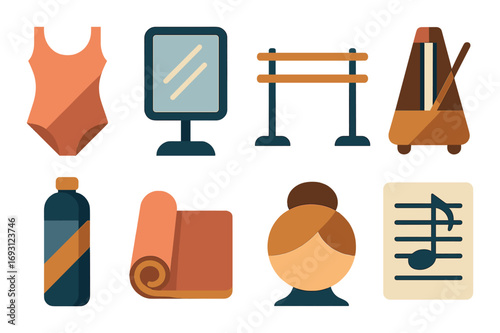 Fitness and dance flat icon set. featuring leotard, mirror, barre, metronome, bottle, mat, dancer, sheet music.