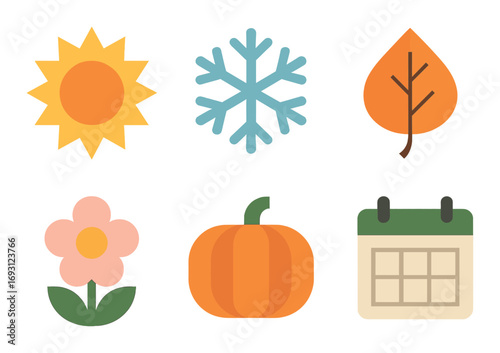 Seasons flat icon set. featuring sun, snowflake, leaf, flower, pumpkin, calendar symbols.