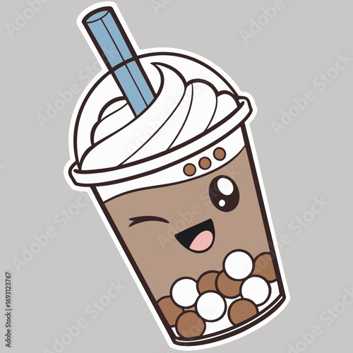 Winking Boba Tea Cartoon Icon.

