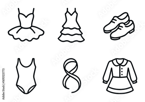 Dance attire silhouette icon set. featuring ballet dress, flamenco dress, dance shoes, leotard, ribbon, and costume.