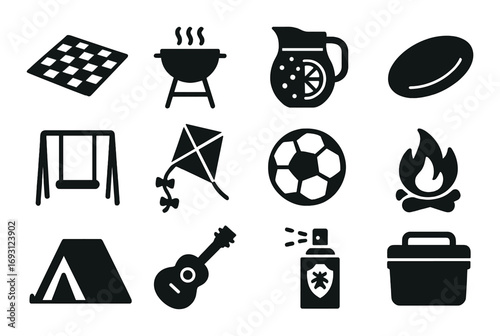 Outdoor activities silhouette icon set. featuring grill, lemonade, frisbee, soccer, fire, guitar, and more.