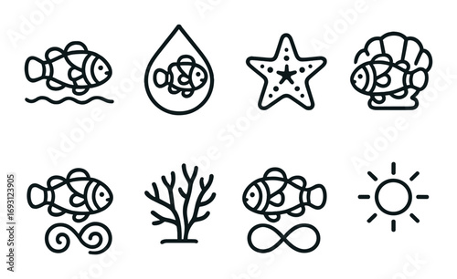 Marine life linear icon set. featuring fish, shell, starfish, coral, water drop, sun symbols.