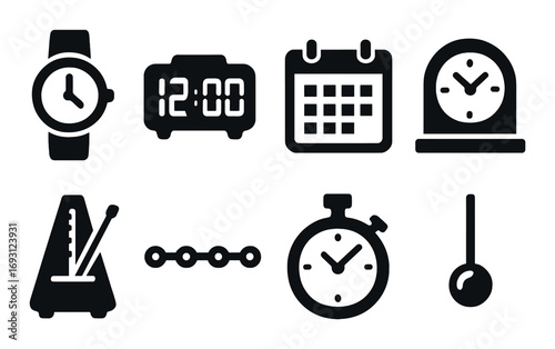 Timekeeping silhouette icon set. featuring watch, digital clock, calendar, alarm clock, metronome, stopwatch, and pendulum symbols.