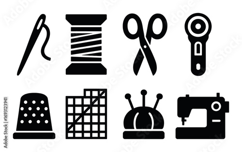 Sewing tools silhouette icon set. needle, thread, scissors, rotary cutter, thimble, quilting grid, pin cushion, sewing machine.