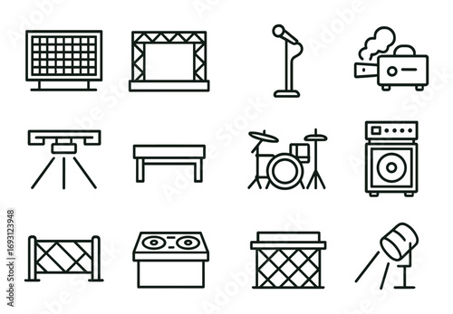 Event equipment linear icon set. featuring stage, microphone, projector, camera, speaker, and sound system.