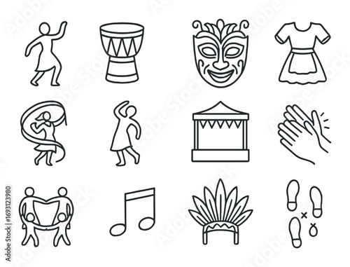 Festival culture linear icon set. featuring dance, drum, mask, dress, music, tent, clap, flag, note, headdress..