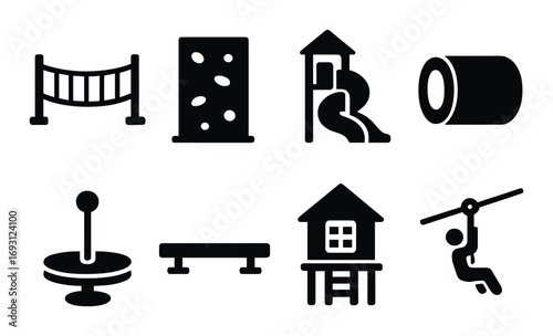 Playground equipment silhouette icon set. featuring rope bridge, climbing wall, slide, tunnel, merry-go-round, bench, playhouse, zipline.