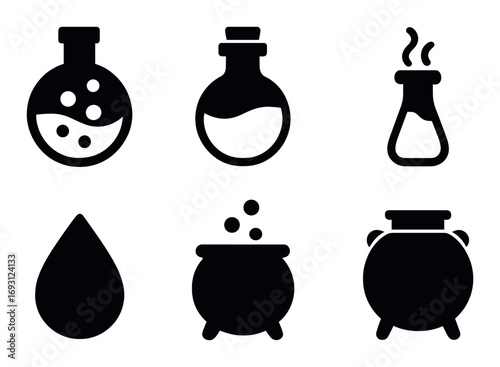 Alchemy and potion silhouette icon set. featuring flask, vial, potion, droplet, cauldron, and concoction symbols.