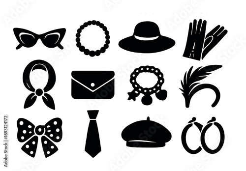 Fashion accessories silhouette icon set. featuring sunglasses, necklace, hat, gloves, scarf, clutch, earrings, bowtie, tie, beret, headband..