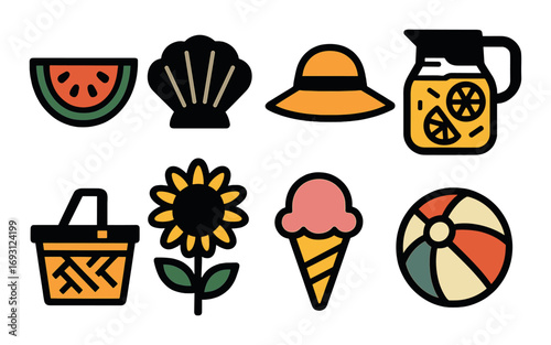 Summer items flat icon set. featuring watermelon, seashell, hat, lemonade, basket, sunflower, ice cream, beach ball.