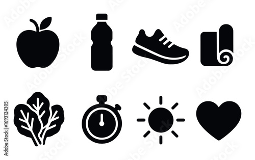 Fitness lifestyle silhouette icon set. featuring apple, water bottle, sneakers, yoga mat, lettuce, stopwatch, sun, heart.