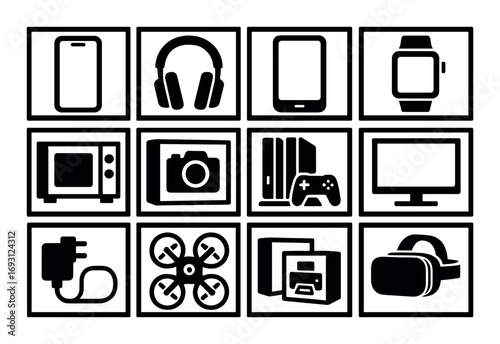Home technology silhouette icon set. featuring phone, headphones, tablet, smartwatch, microwave, camera, console, tv, charger, drone, printer, vr headset.