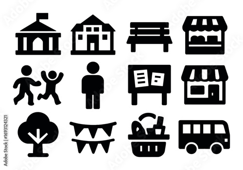 Community silhouette icon set. featuring town hall, house, park bench, market, kids, person, signboard, store, tree, banner, picnic, bus..