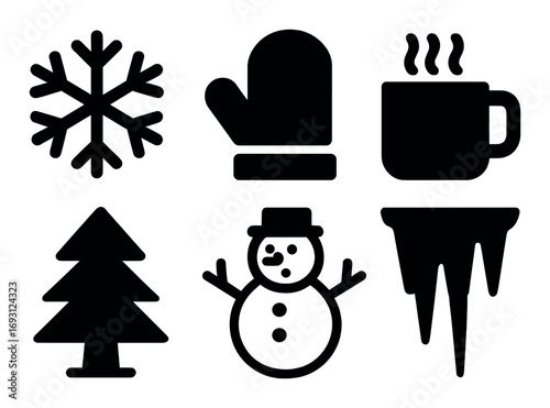 Winter silhouette icon set. featuring snowflake, glove, mug, tree, snowman, and icicle symbols.