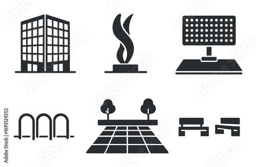 Architecture silhouette icon set. featuring skyscraper, monument, lamp, bike rack, park, and bench symbols.