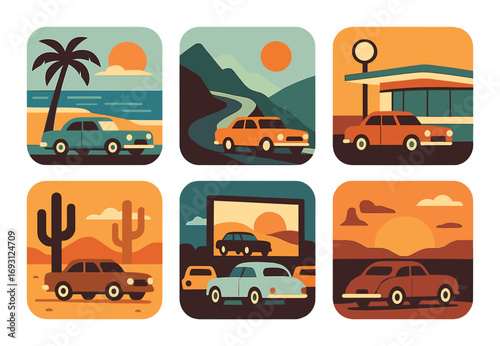 Travel and adventure silhouette icon set. featuring car, beach, road, motel, desert, drive-in, and sunset symbols.