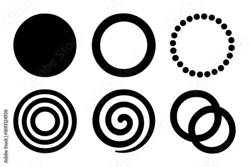 Shapes silhouette icon set. featuring circle, ring, dotted circle, spiral, swirl, and interlocking rings.