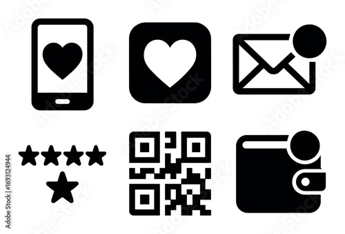 Technology and communication silhouette icon set. featuring smartphone, heart, email, stars, qr code, wallet.
