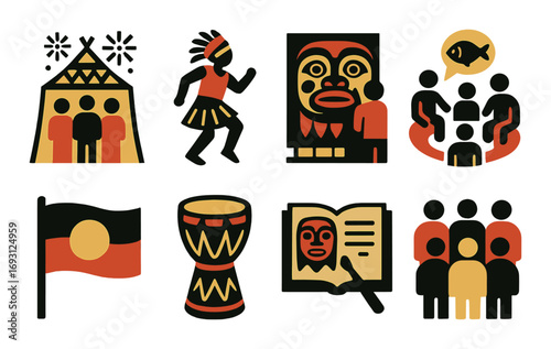 Indigenous culture flat icon set. featuring festival, dance, mask, meeting, flag, drum, and storytelling symbols.