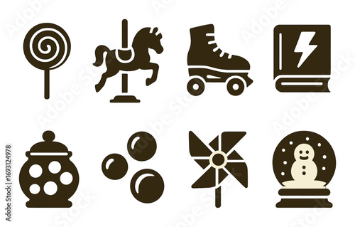 Childhood memories silhouette icon set. featuring lollipop, carousel, roller skate, book, jar, bubbles, pinwheel, snow globe.