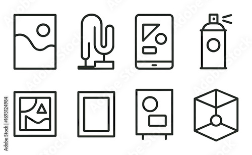 Art display linear icon set. featuring painting, sculpture, smartphone, spray can, and gallery symbols.