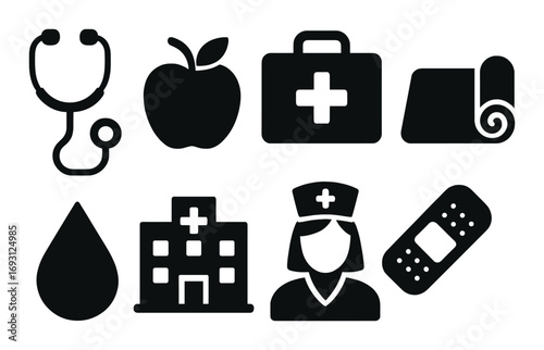 Healthcare silhouette icon set. featuring stethoscope, apple, first aid kit, yoga mat, drop, hospital, nurse, bandage.